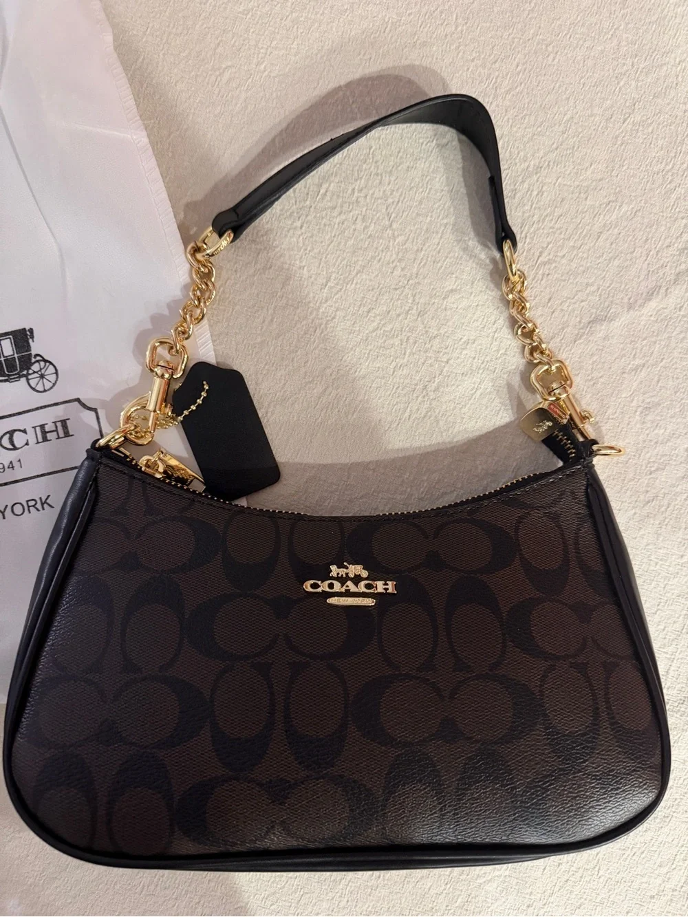Coach Dark Brown Signature Crescent Shoulder Bag with Gold Hardware